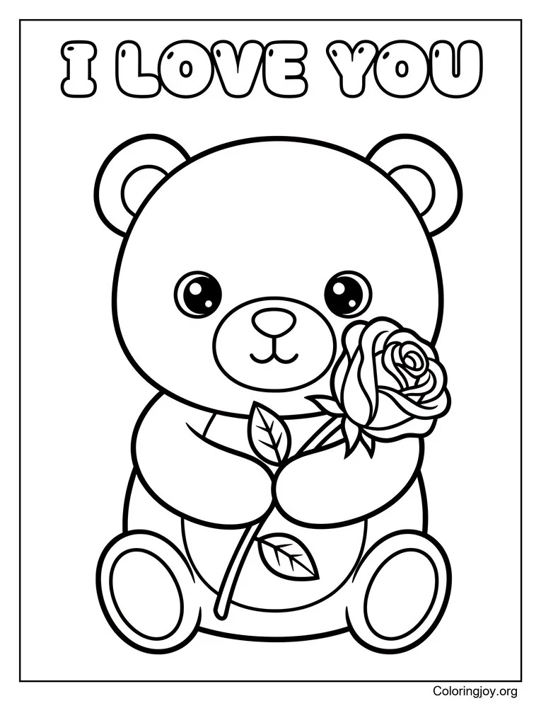 Teddy Bear Hugging a Rose Coloring Page