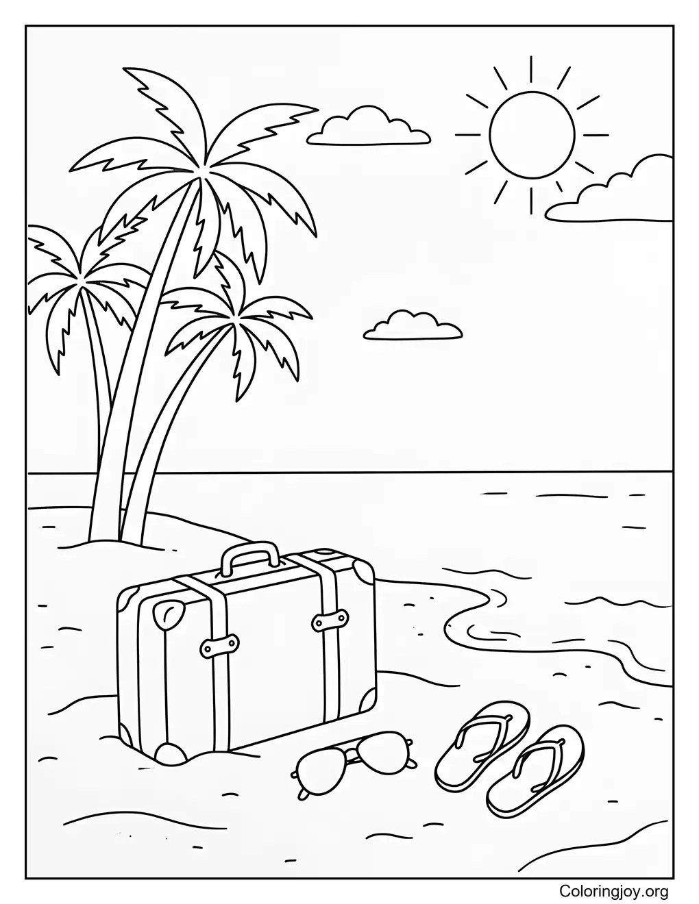 Cool Beach Vacation Adventure Coloring Page for Kids