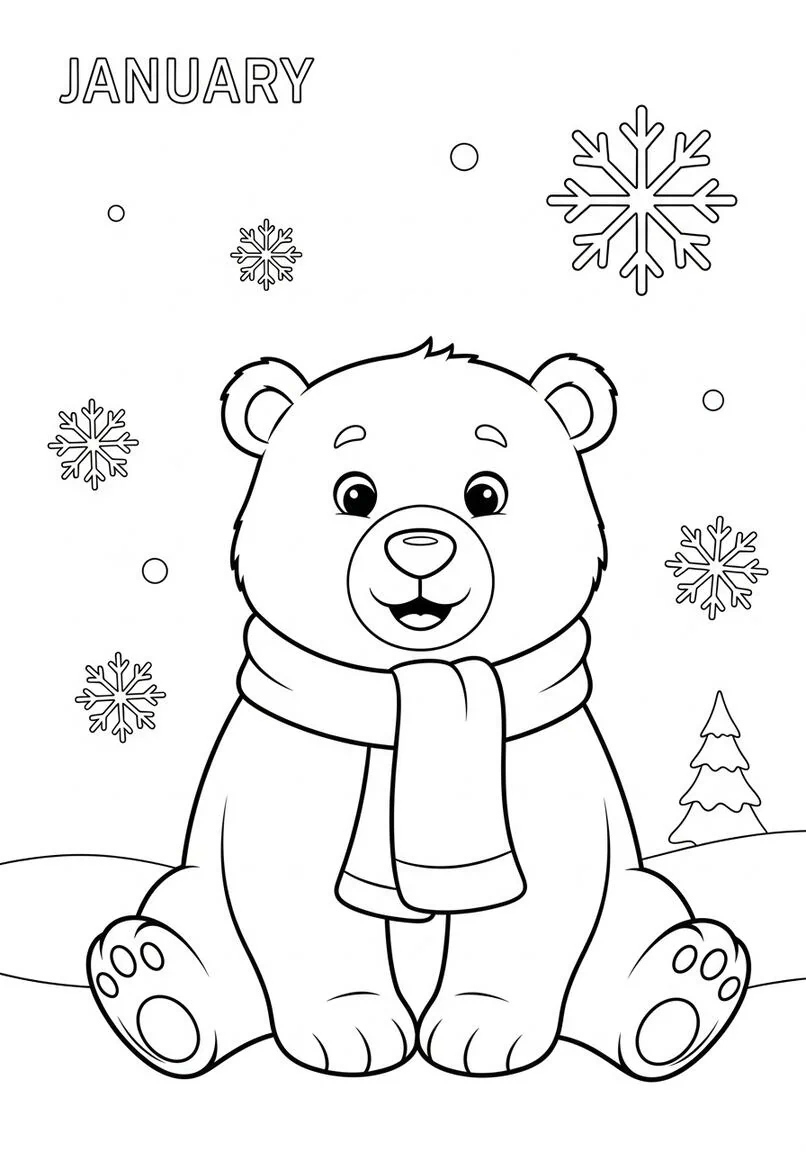 Friendly Chubby Polar Bear Winter Scene Coloring Page