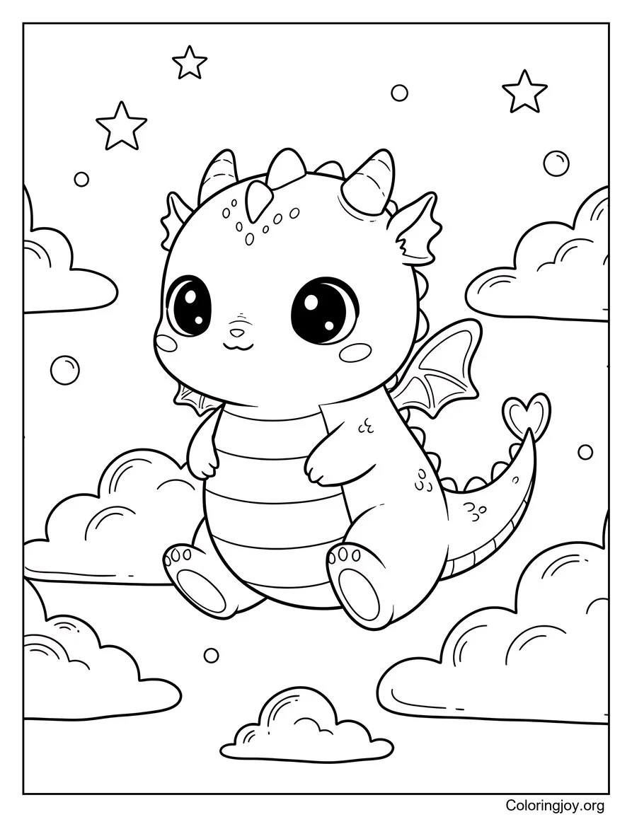 Our friendly dragon floats through the sky between soft fluffy clouds.