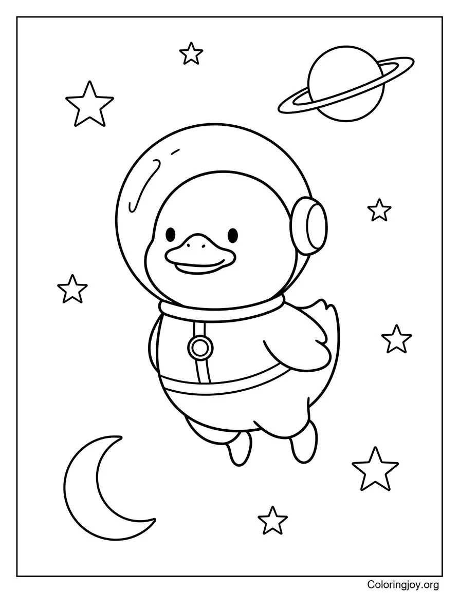Here a space duck floats happily among planets and stars.