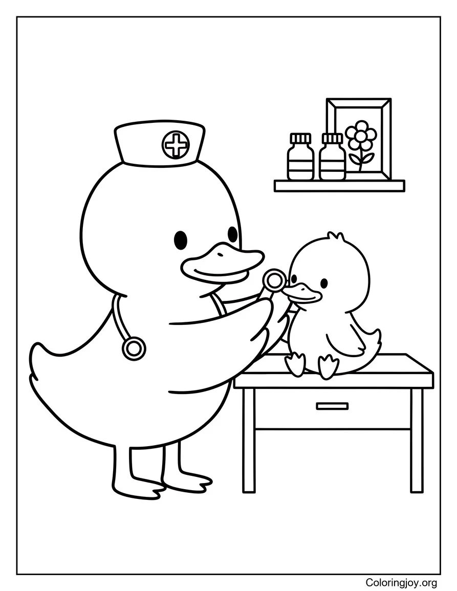 Watch a doctor duck check on a baby with a stethoscope.