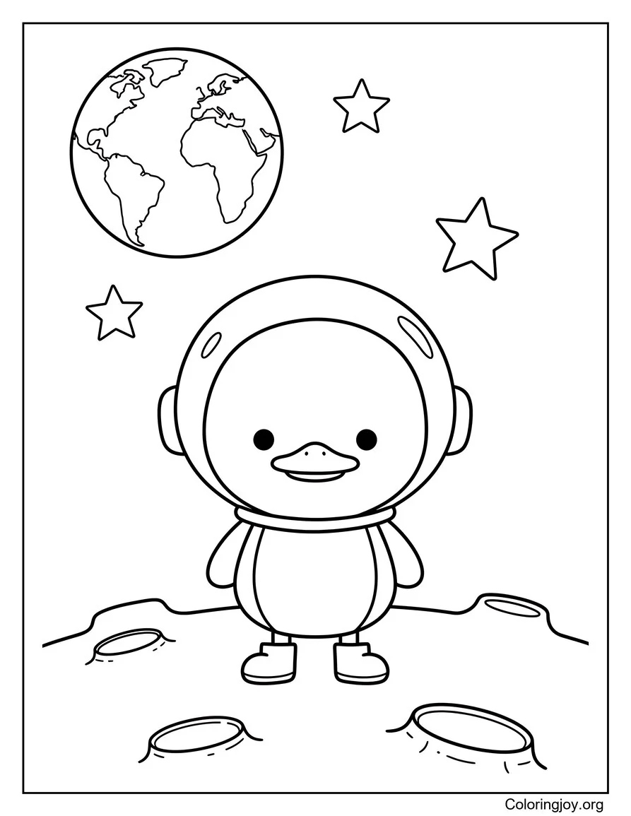 For adventure, a duckling explores the moon with a tiny space helmet.