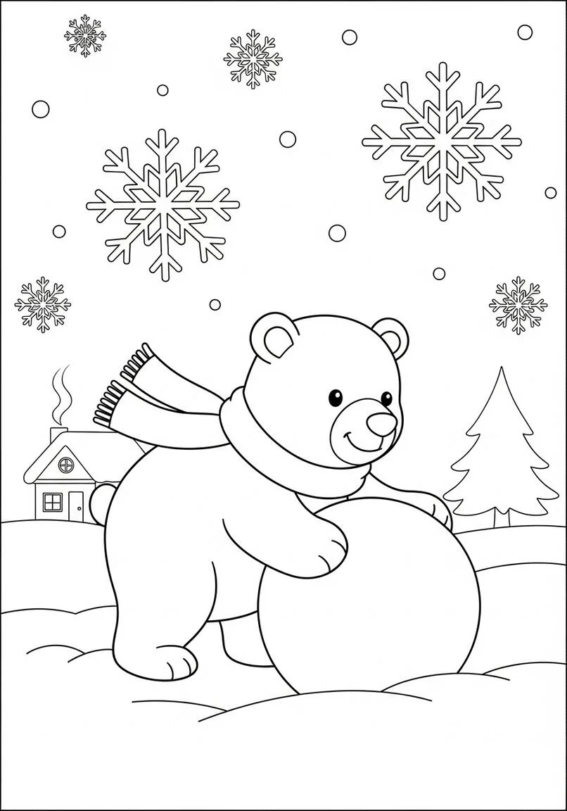 Playful Polar Bear Rolling Snowball Fun