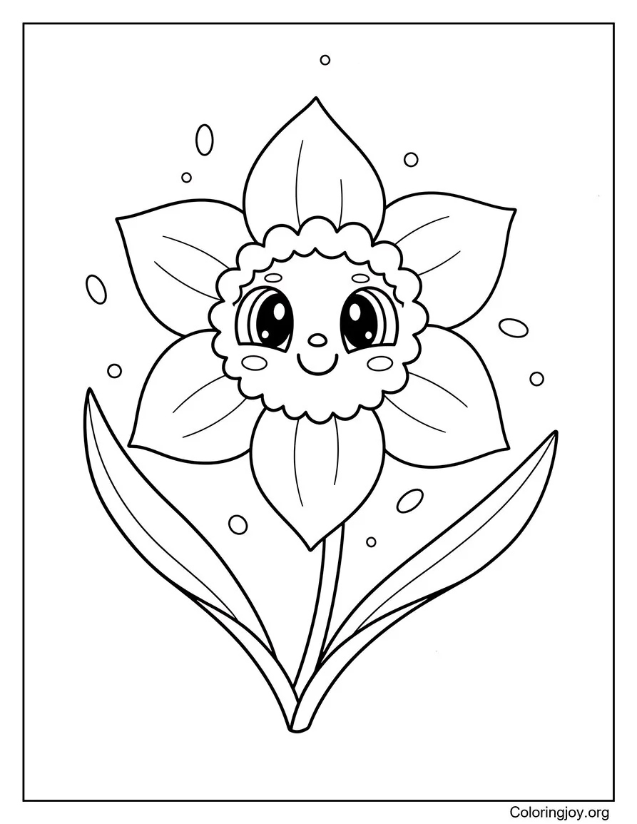 Spring Daffodil Flower With Long Leaves Coloring Page