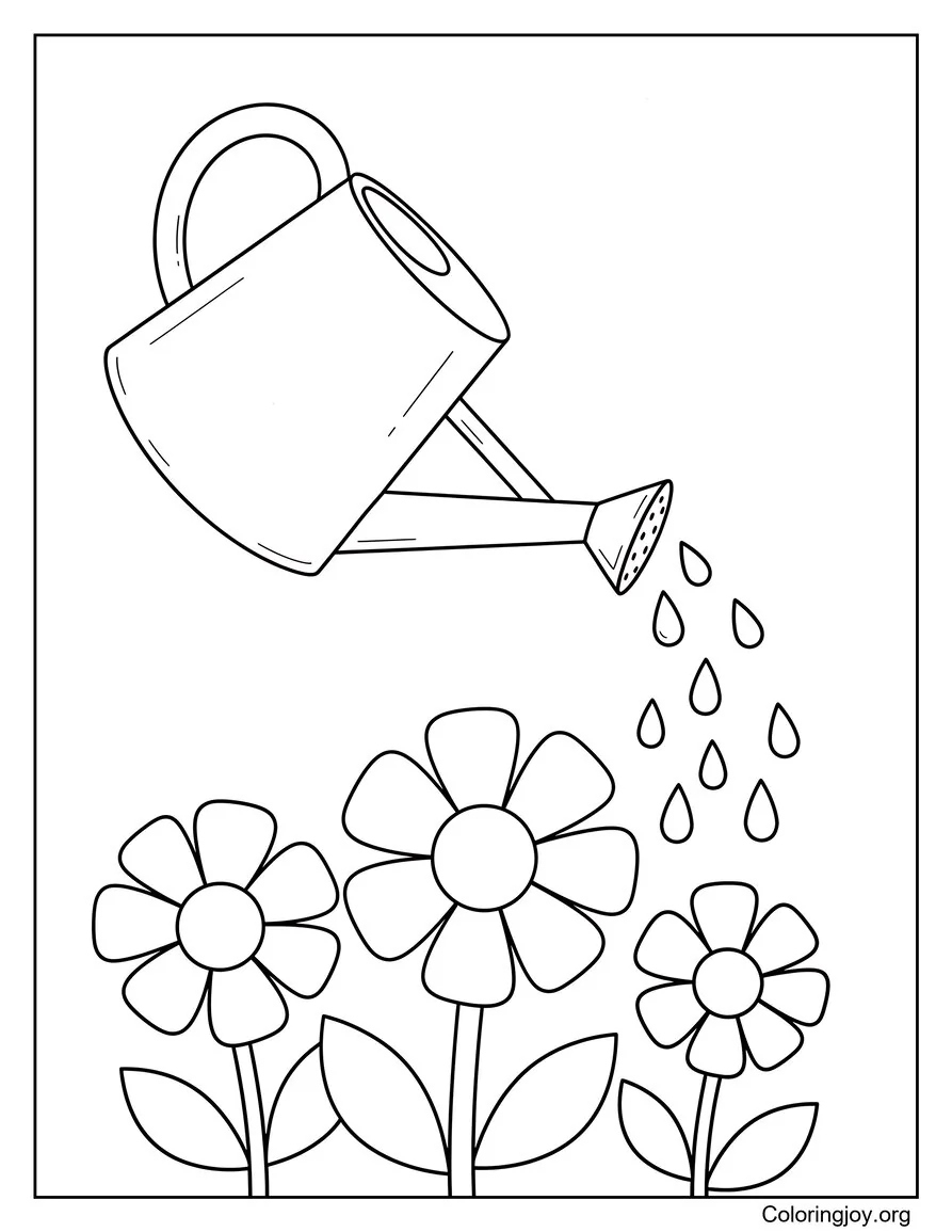 Watering Can Watering Spring Flowers Coloring Page