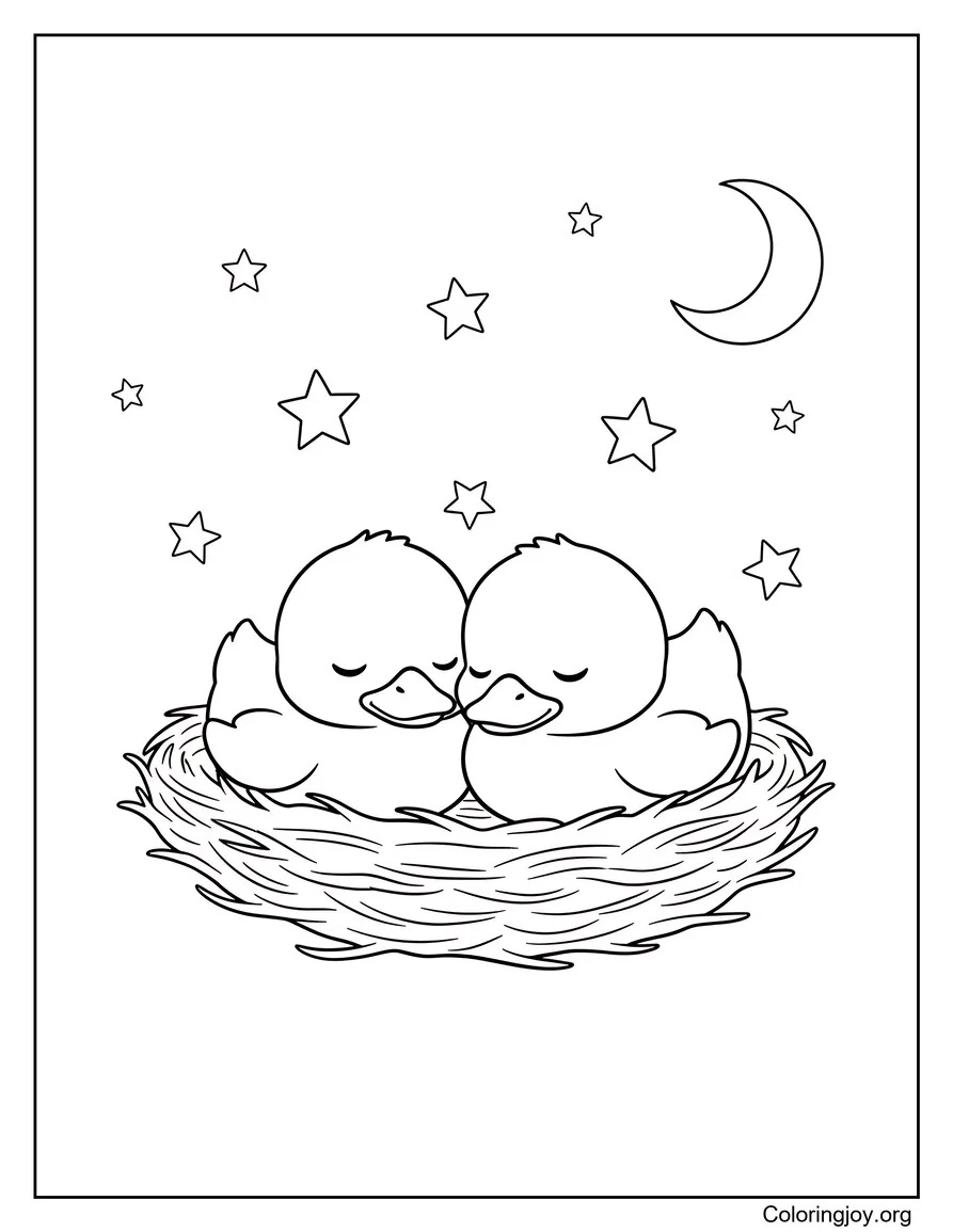 These ducklings sleep peacefully in a cozy nest under a starry sky.