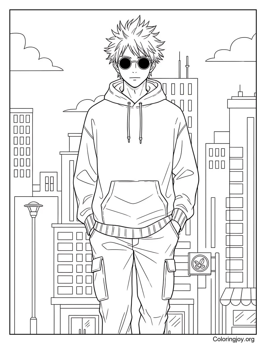 Out on the street, he walks calmly in casual clothes.