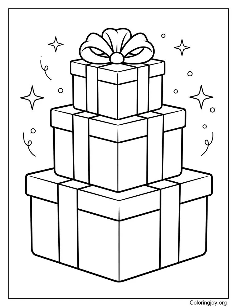 Stack of Gift Boxes with Bows and Stars Coloring Page