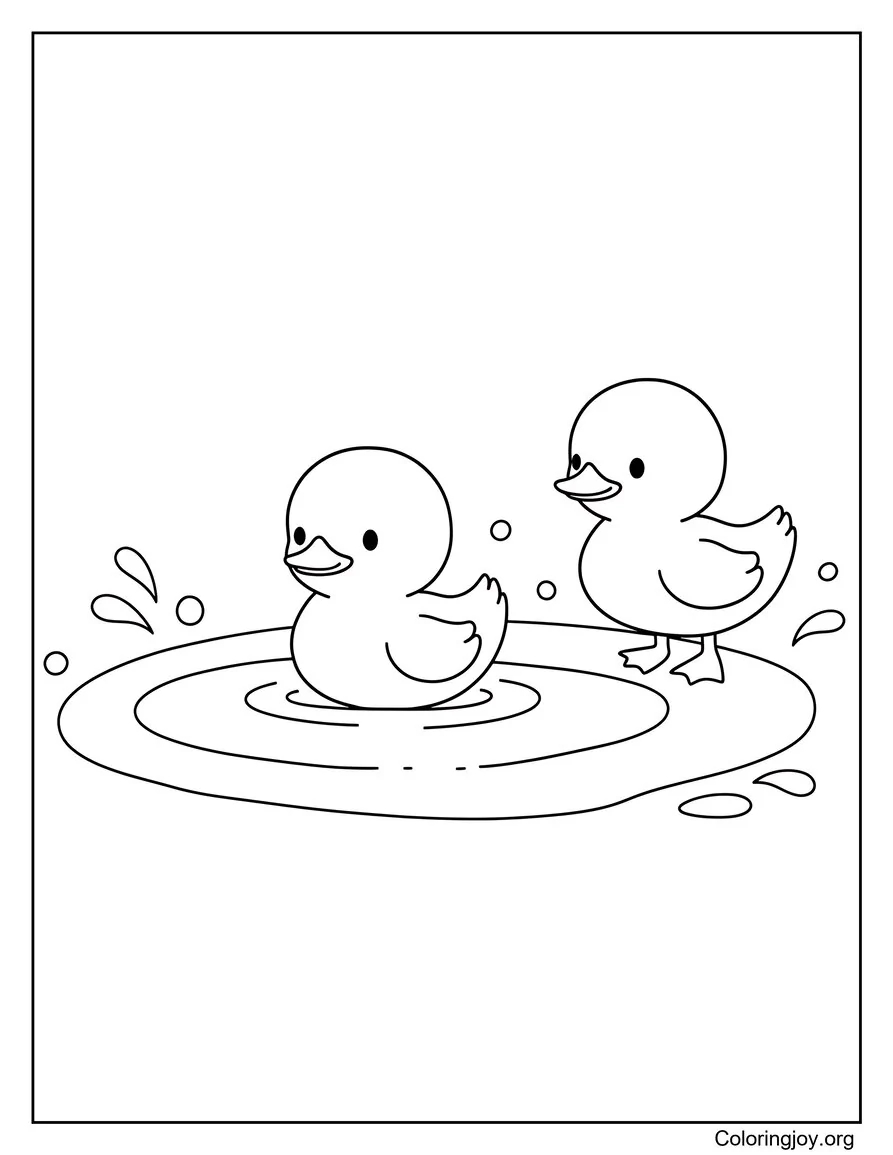 Here two ducklings splash in a puddle on a rainy day.