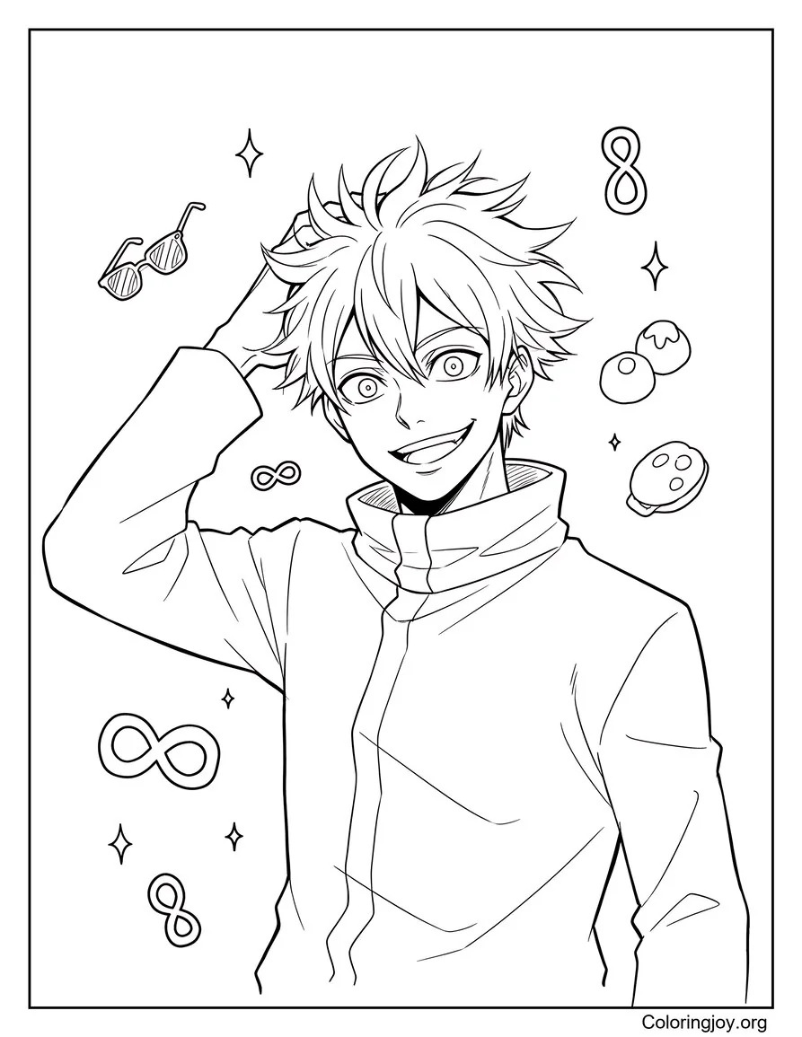 With a big smile, Gojo flips his hair in style.