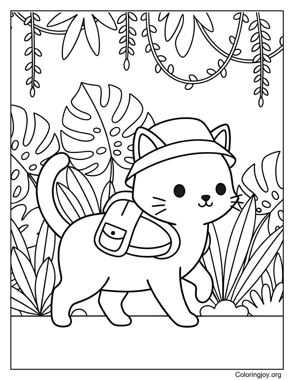 Exploring nature, this cat walks through the jungle with a backpack.
