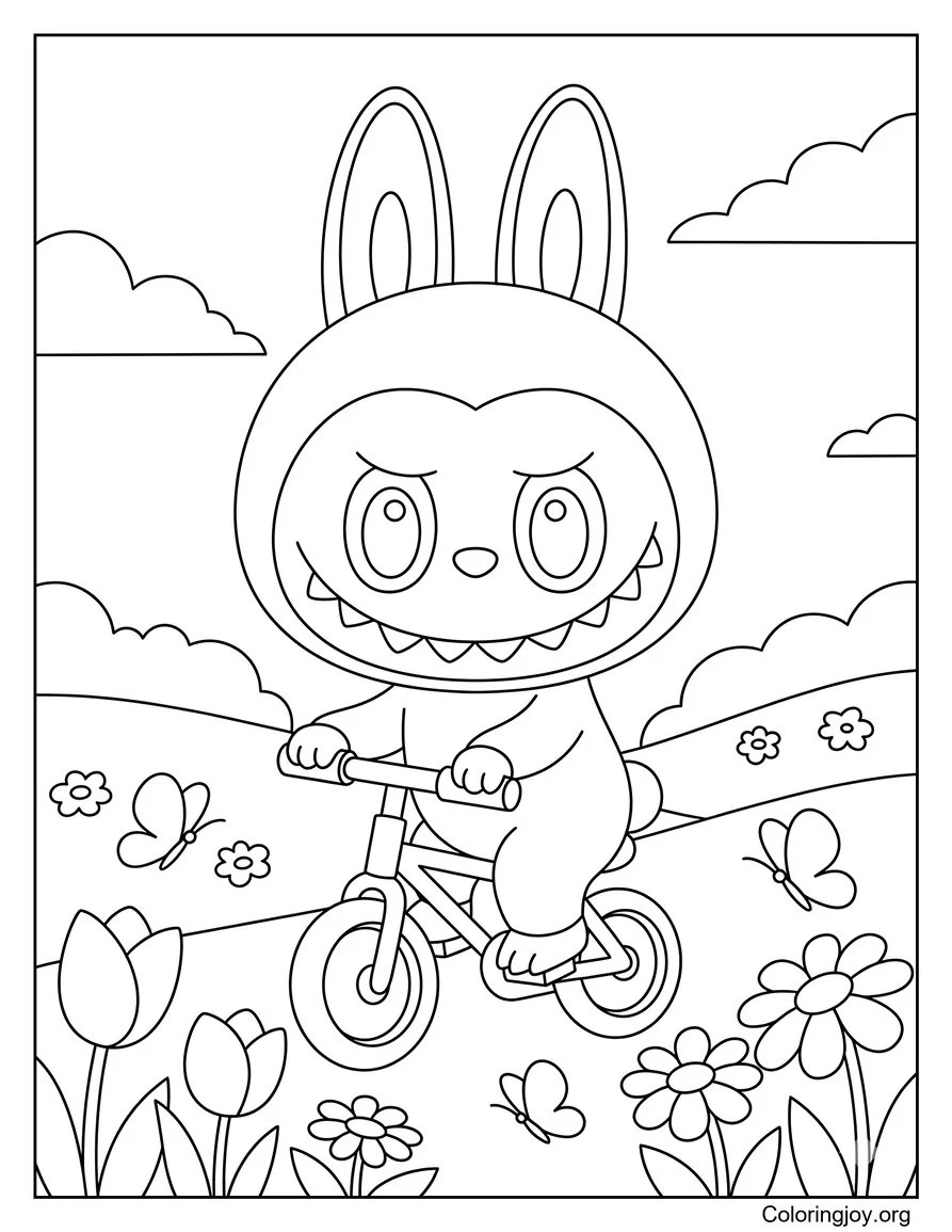 Labubu Riding a Bike in Flowers