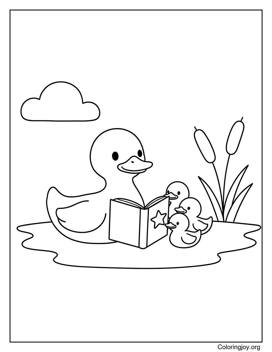 This mother duck reads a big book to her attentive little ones.
