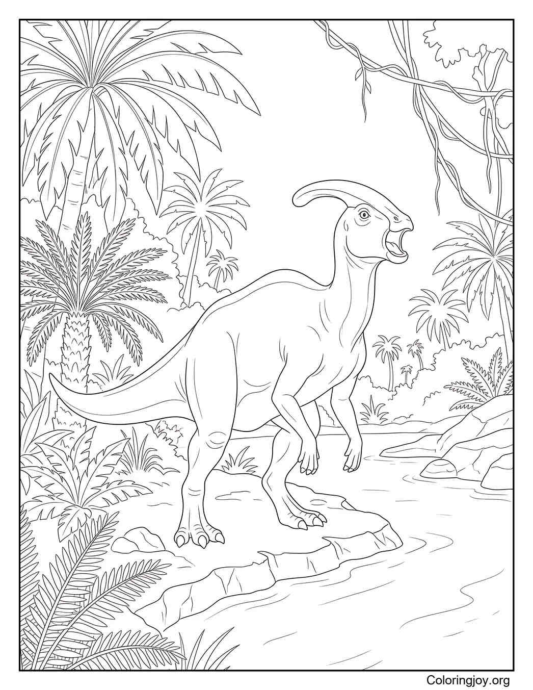 Parasaurolophus calling loudly in a dense prehistoric jungle.