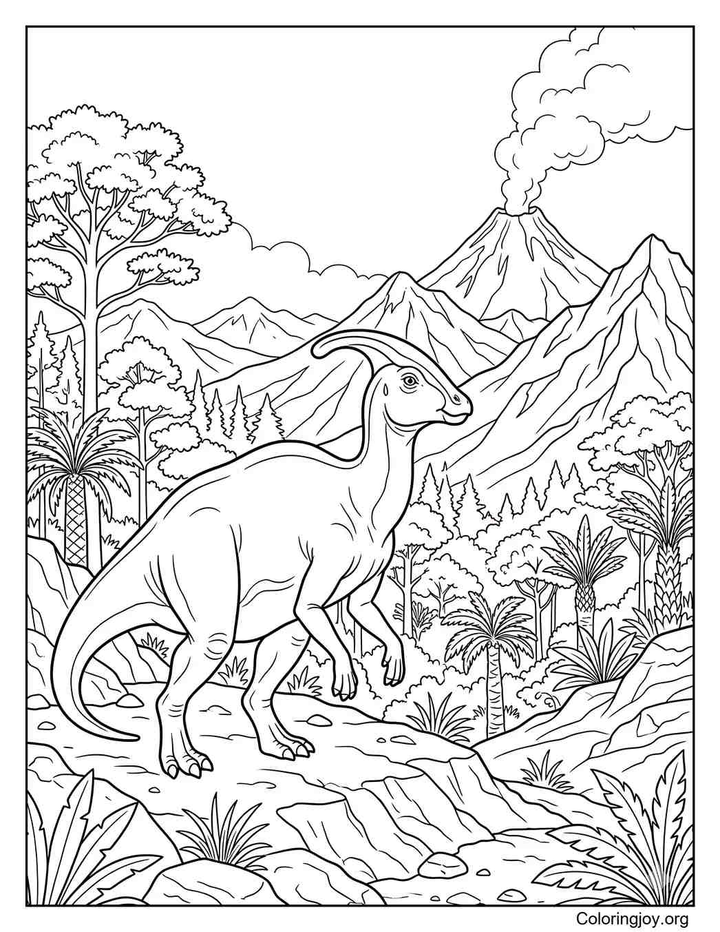 Parasaurolophus with volcanoes, mountains, trees, and prehistoric scenery.
