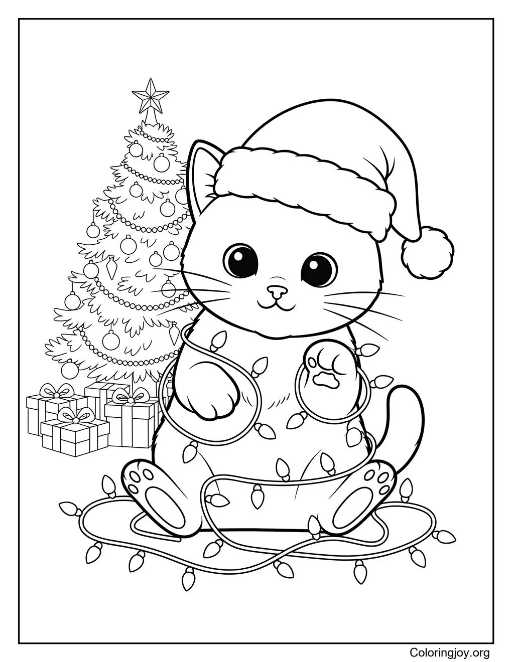 Holiday fun continues as this cat gets tangled in colorful lights.
