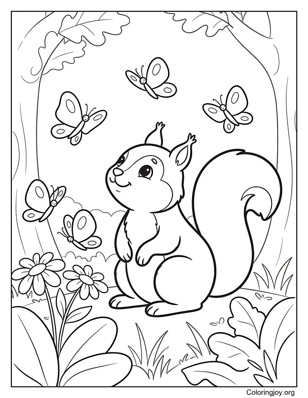 Colorful butterflies flutter nearby as a squirrel watches them in the forest.