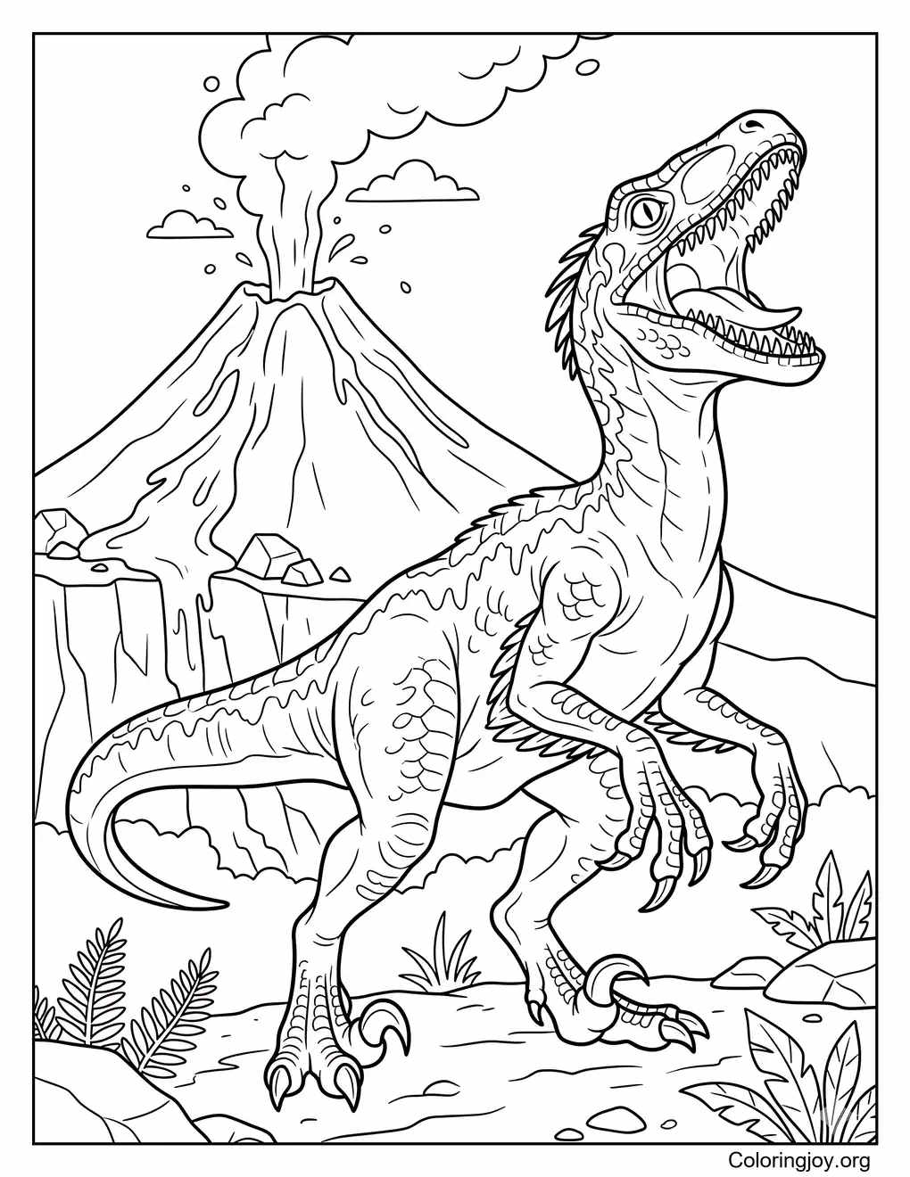Velociraptor Roaring Under Volcano Coloring Page