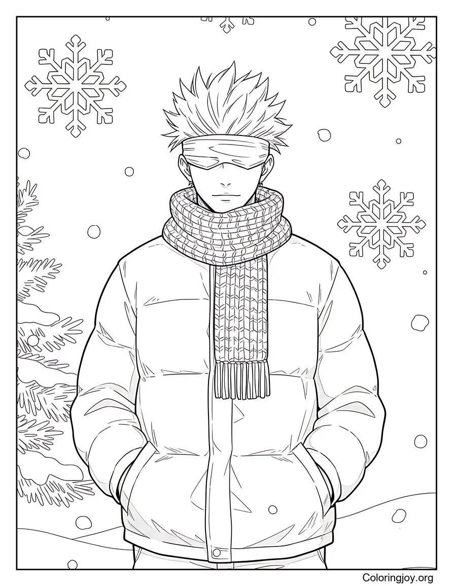 In winter, Gojo steps outside, enjoying the cold air.