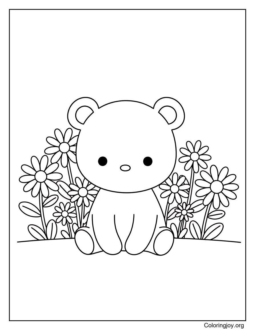 Out in a field of flowers, a small bear cub sits quietly.