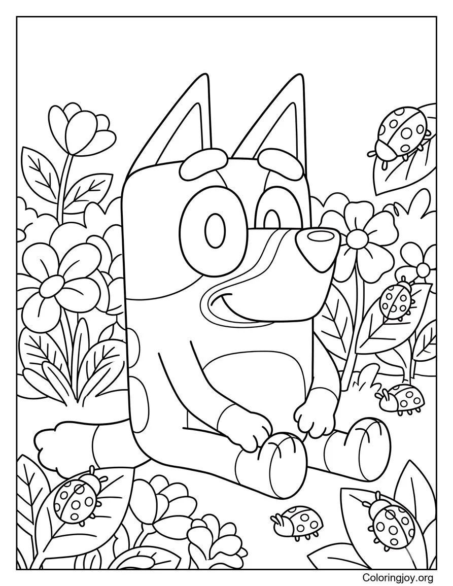 Bluey Sitting In A Flower Garden With Ladybugs Coloring Page