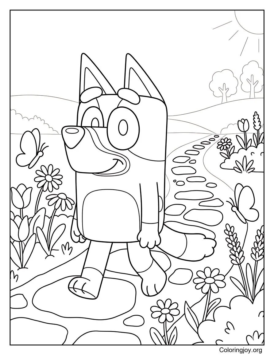 Bluey Walking On A Garden Path With Flowers