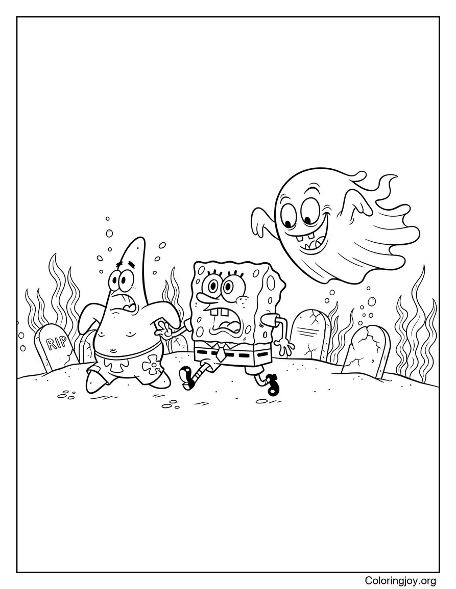 Suddenly SpongeBob and Patrick panic as a friendly ghost floats behind them.