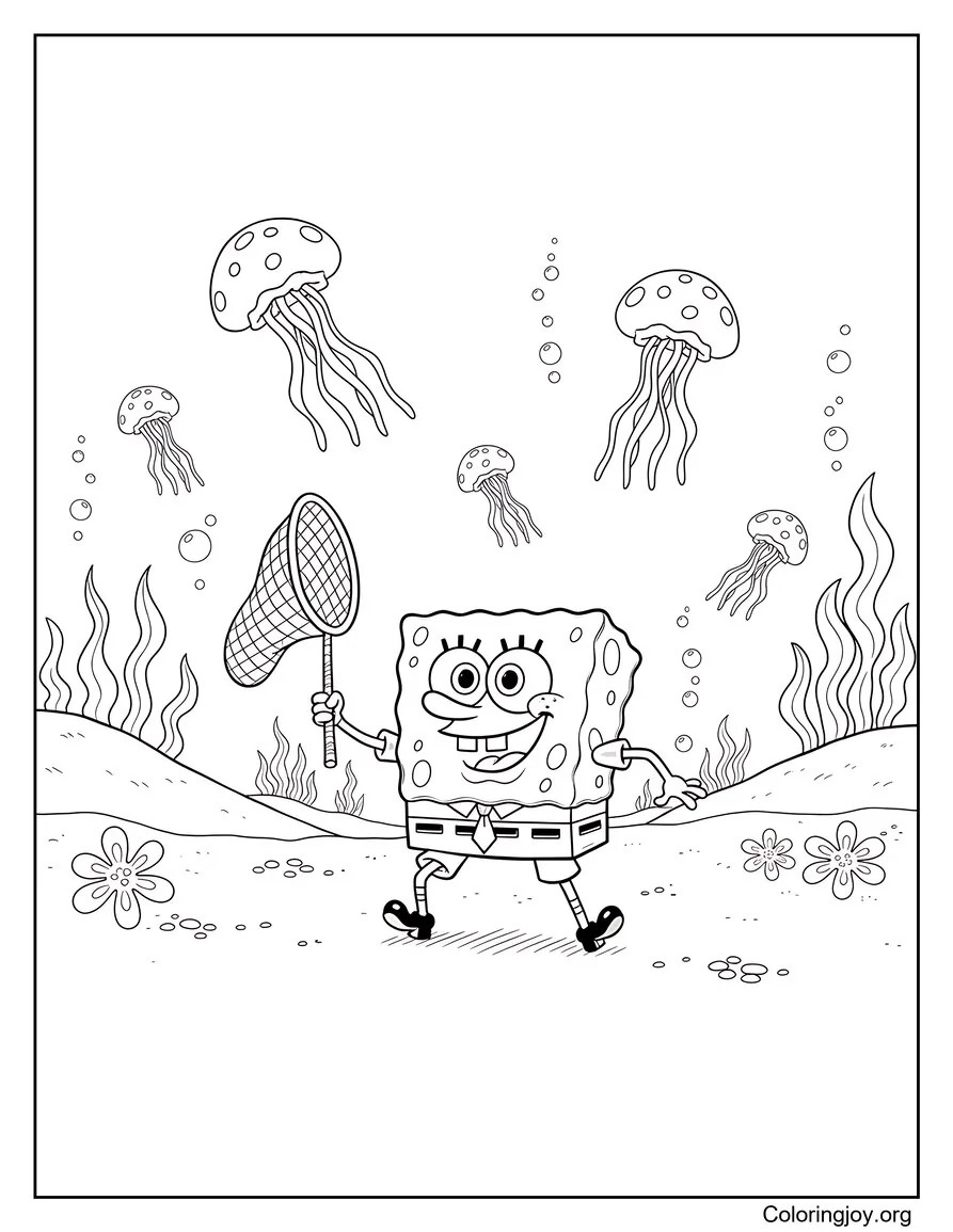 Everywhere in Bikini Bottom, SpongeBob hunts jellyfish with great energy.