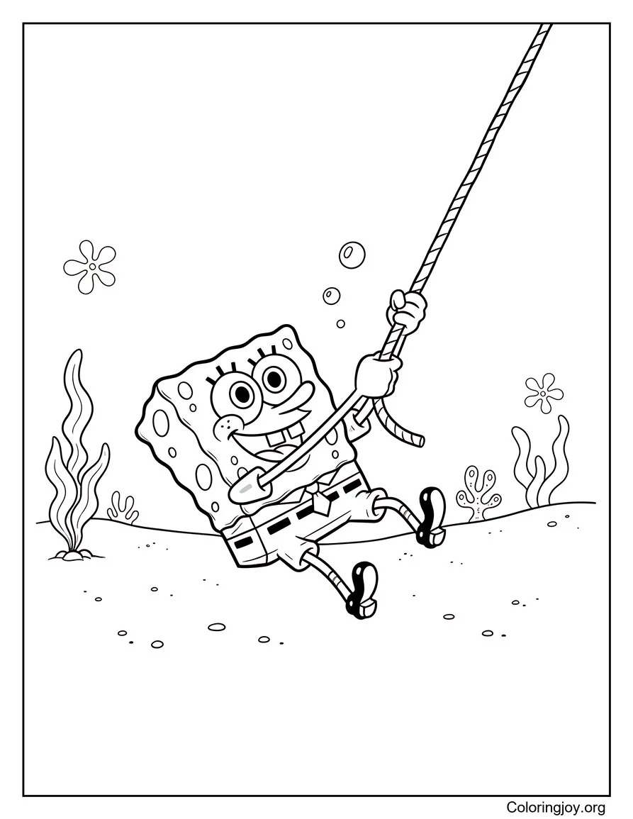 Over the sand, SpongeBob swings happily on a rope.