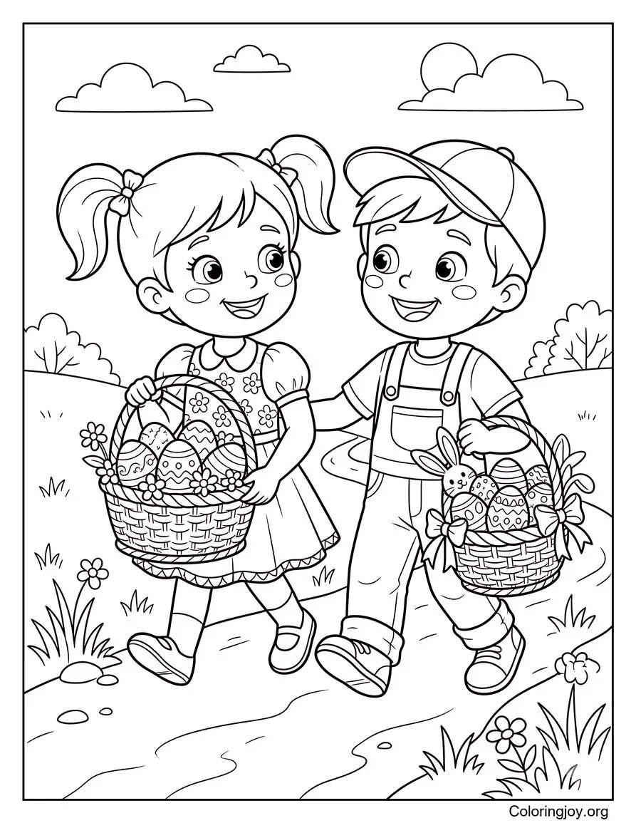 Kids carrying Easter baskets filled with eggs.