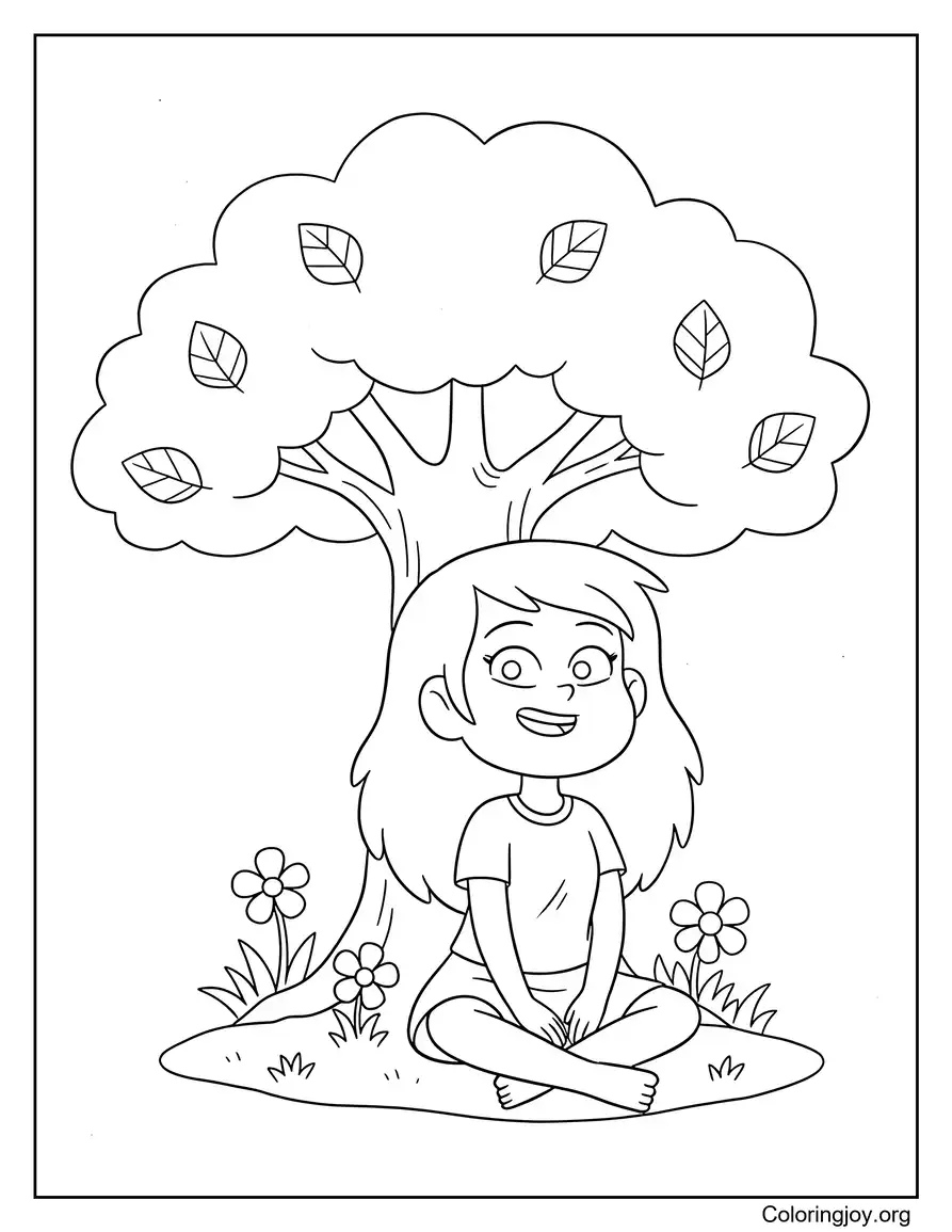 Anne resting under a tree surrounded by peaceful nature.