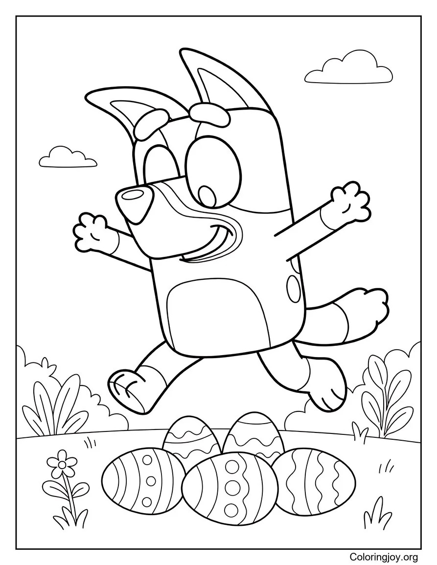 Over the eggs, Bluey jumps playfully across the yard.