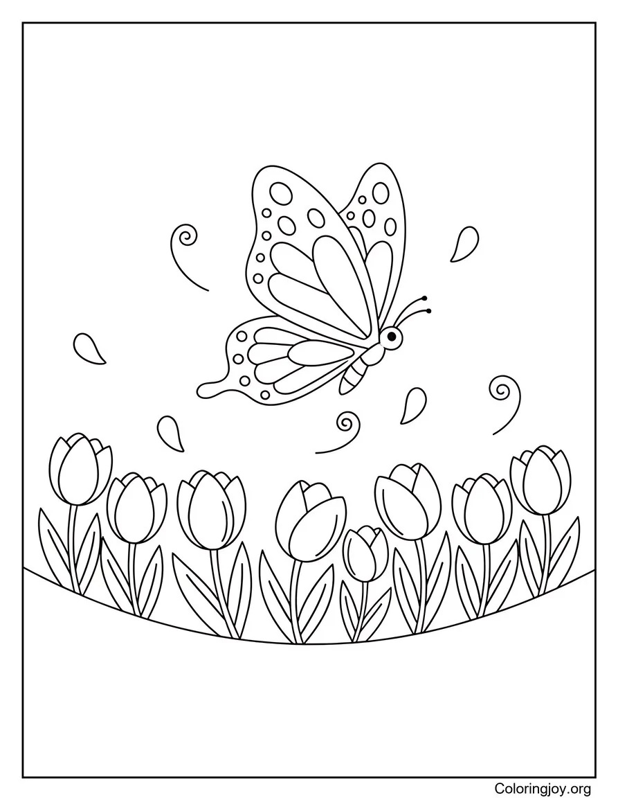 Butterfly Glides Over Bright Tulips