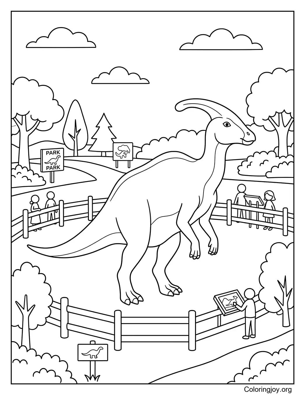 Parasaurolophus living inside a dinosaur park environment.