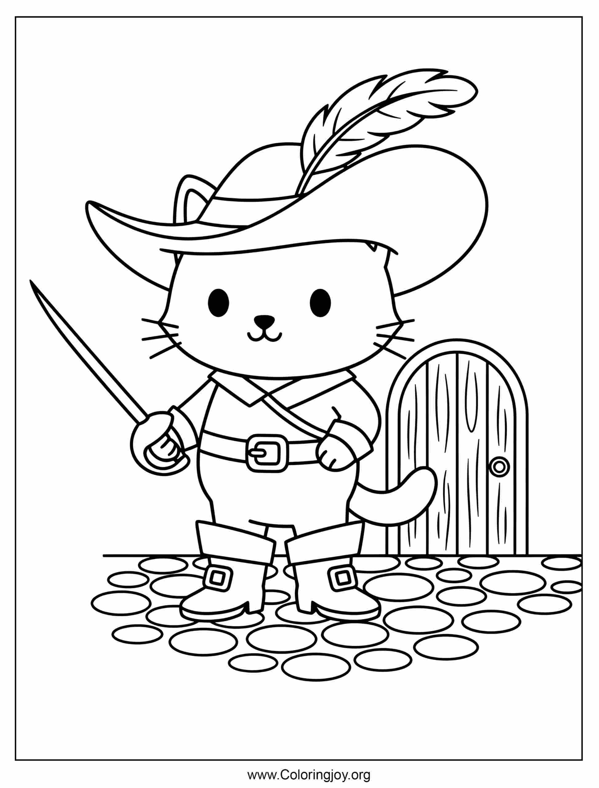 Walking through a village, this cat wears a hat and boots.