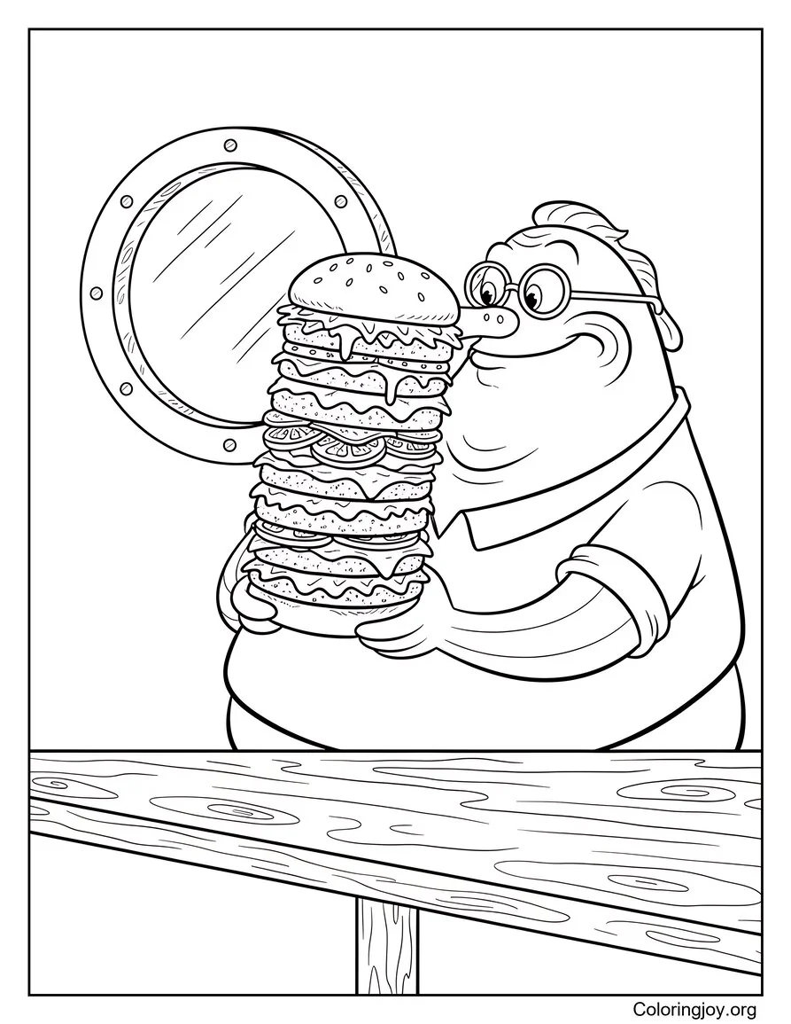 Ready to eat, Bubble Bass holds an extra large burger with excitement.
