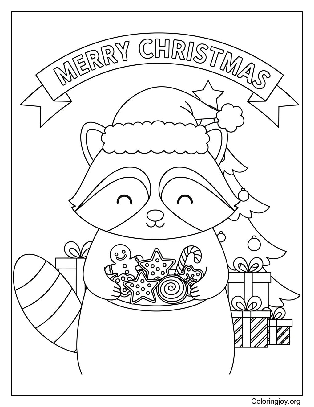 Raccoon with Christmas Cookies Coloring Page