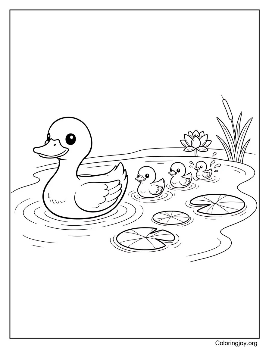 These ducklings learn to paddle across a lily-filled pond with their mom.