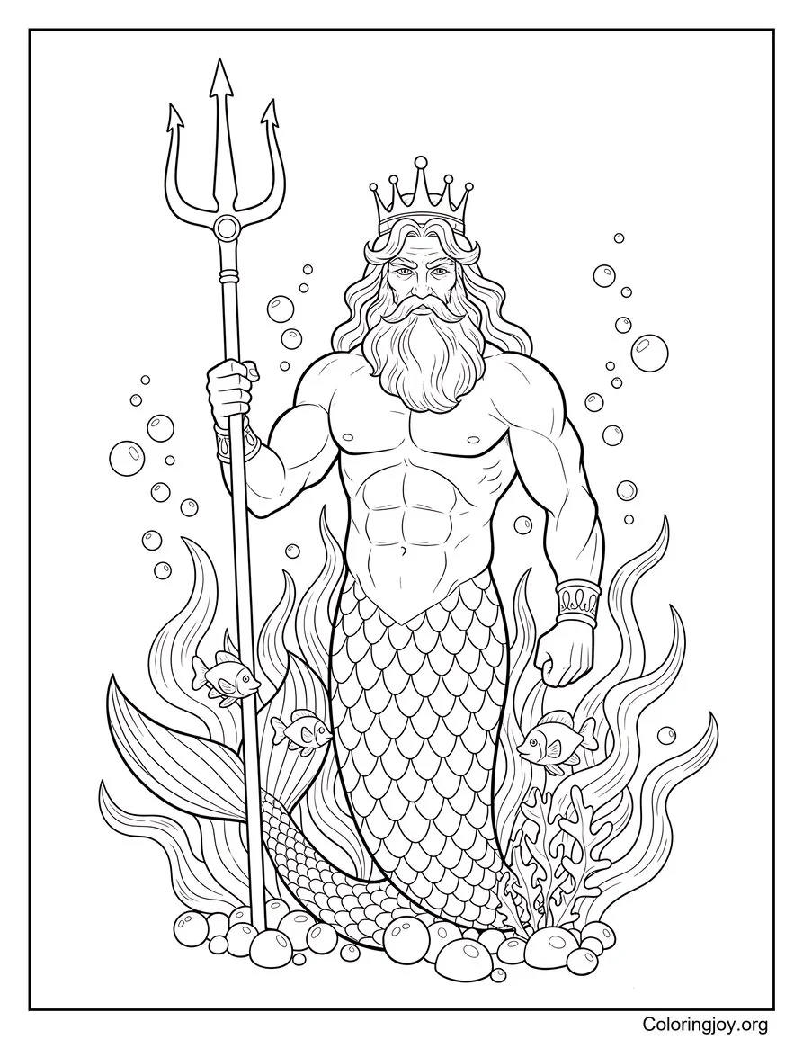 Under the sea, King Neptune stands tall with his trident in hand.