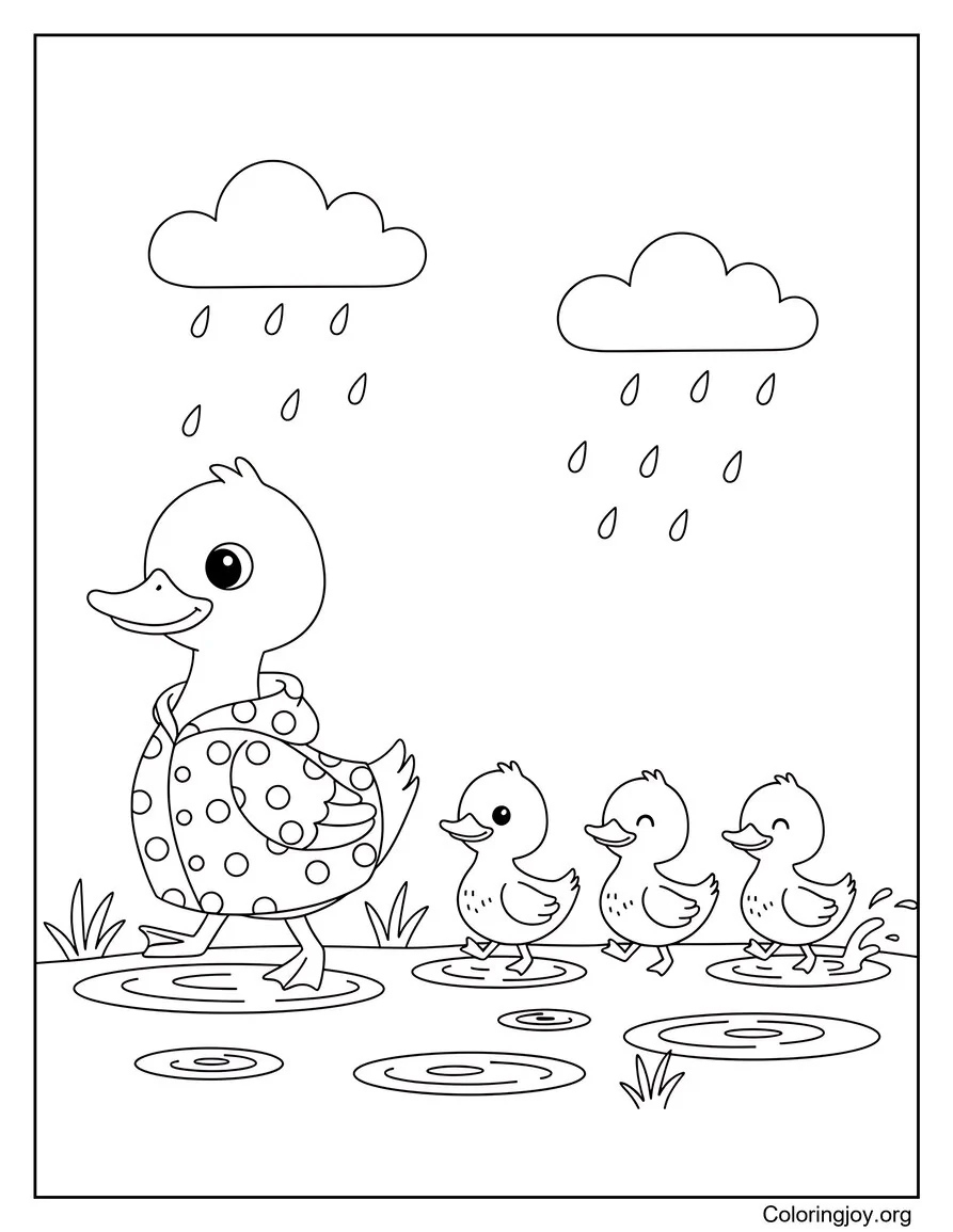 A duck family enjoys a splashy rainy day in thin, cheerful outlines.