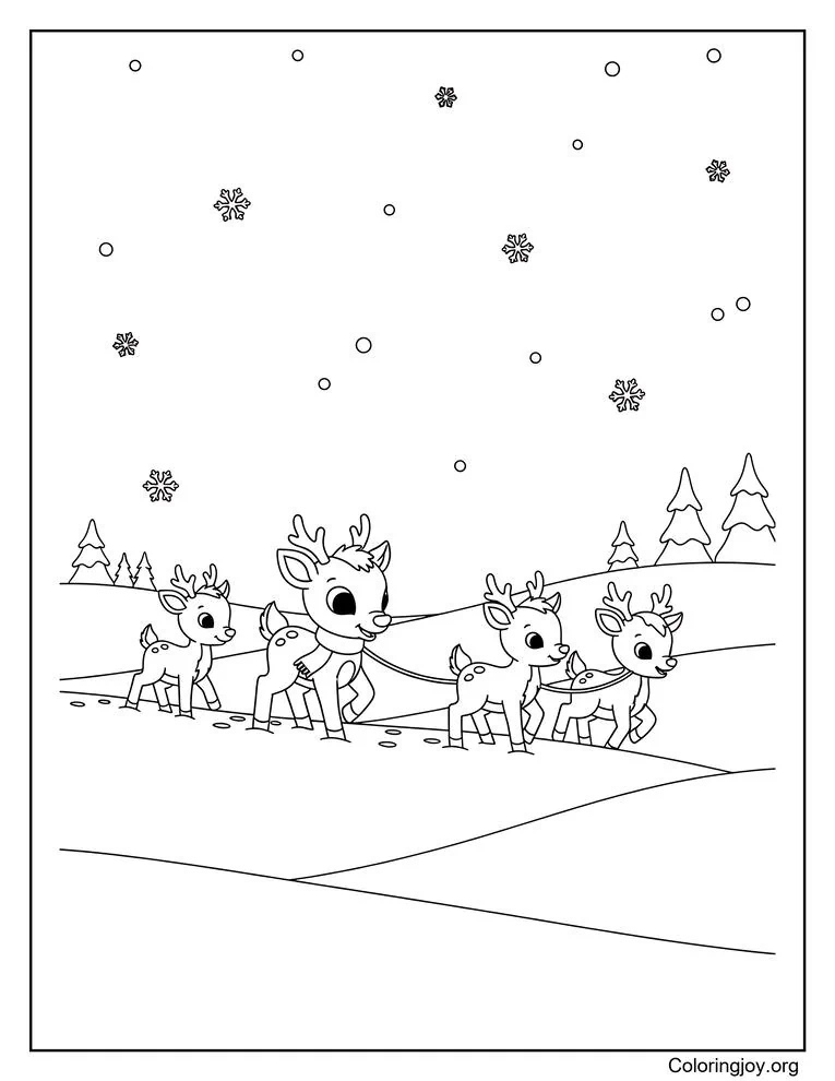 Rudolph guiding lost reindeer through a snowstorm coloring page