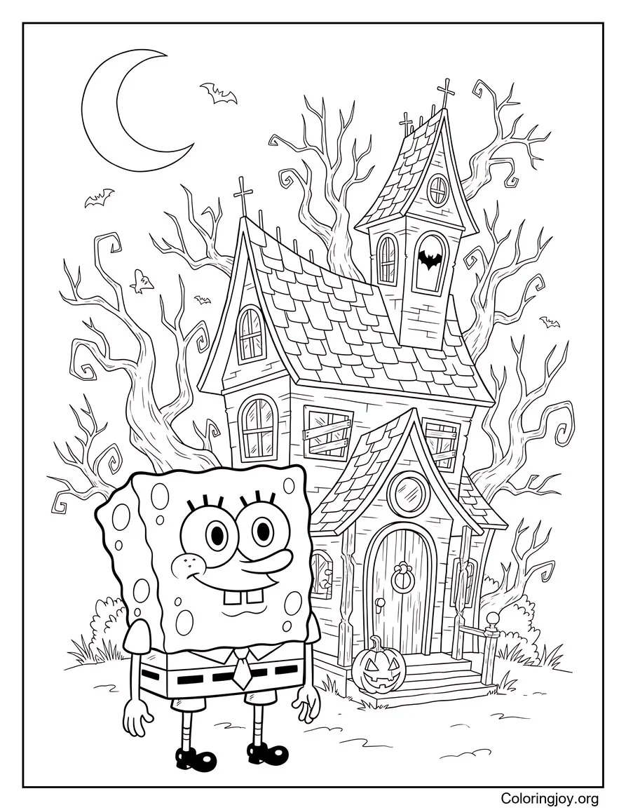 Before a tall haunted house, SpongeBob looks nervous under the moon.