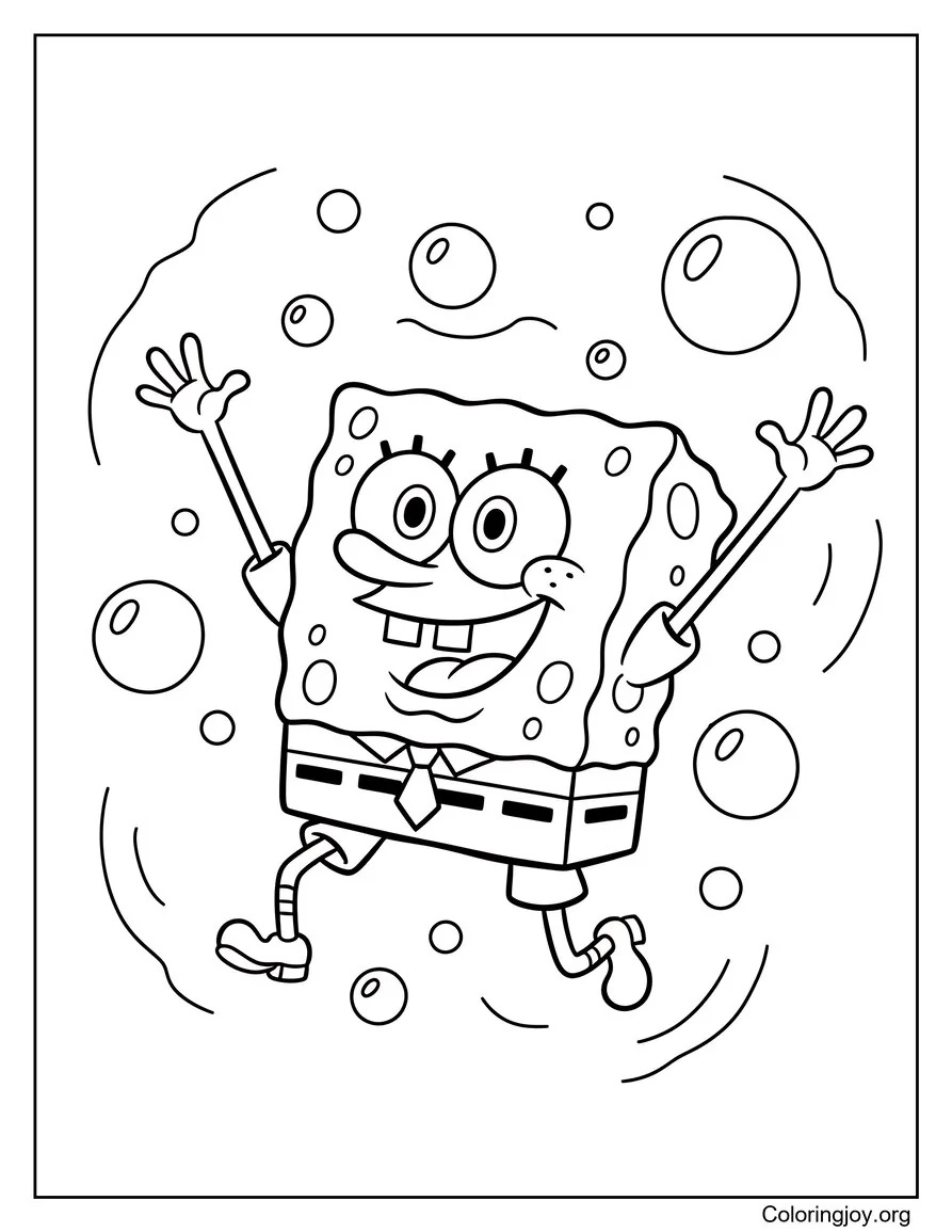 Look at SpongeBob pointing up with excitement as bubbles float around him.