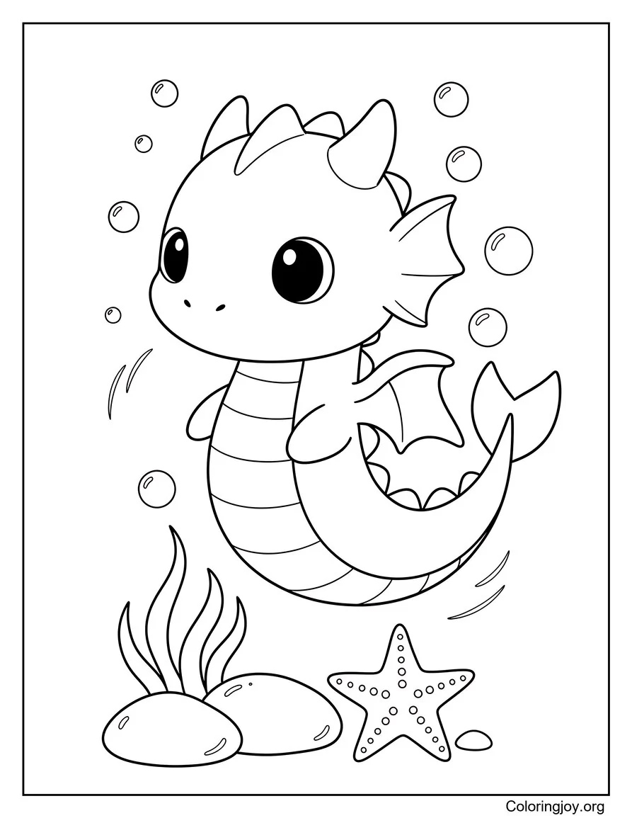 A sea dragon swims through water with coral and floating bubbles.