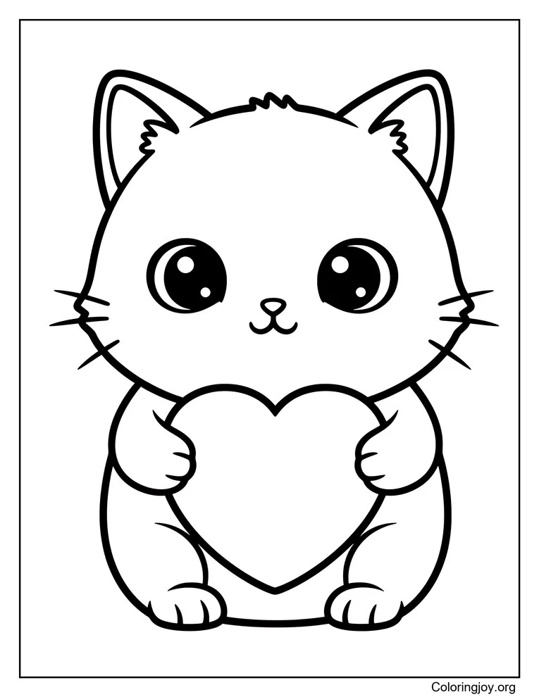 Cat Holding A Heart Coloring Page