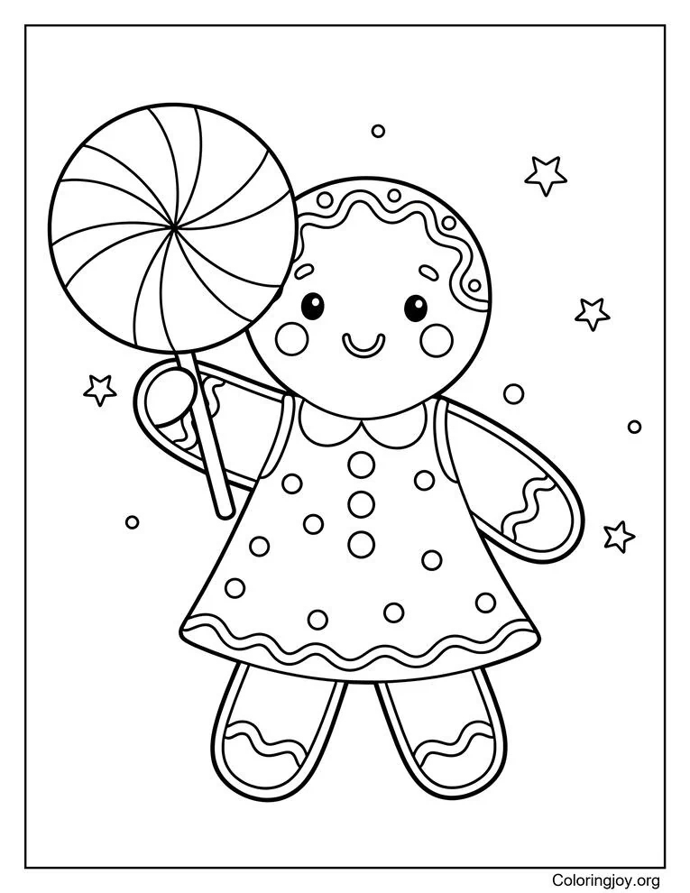 Easy gingerbread girl holding peppermint candy coloring page