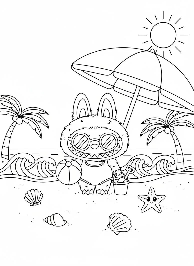 labubu beach coloring page