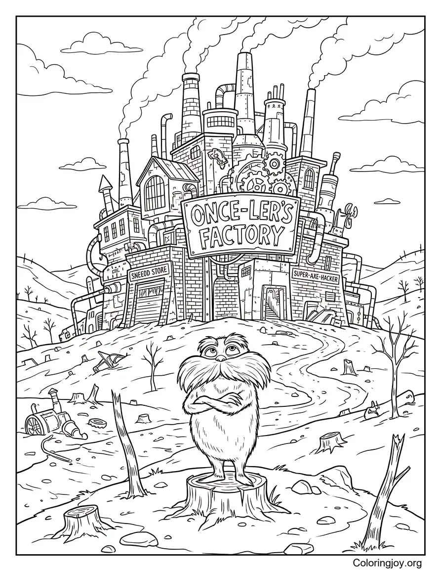 Lorax In Front Of The Once Ler Factory