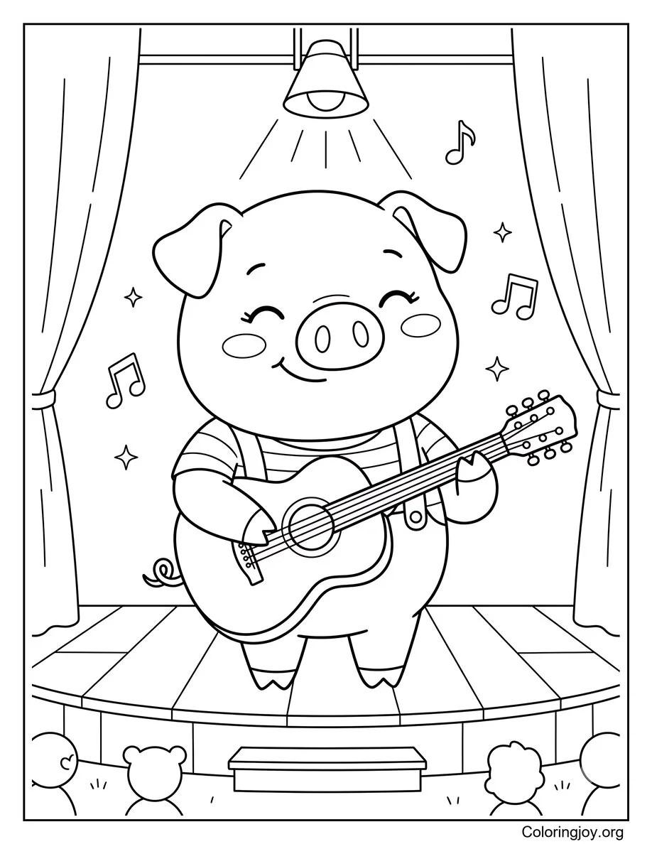Inside a pig plays guitar on a small stage.